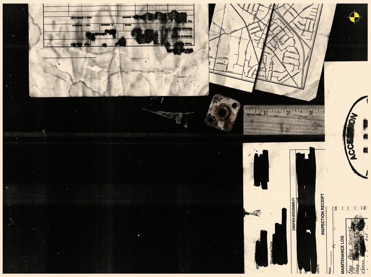 Generated archival reconstruction of water-damaged maintenance papers, a map, ruler, and corroded fastener