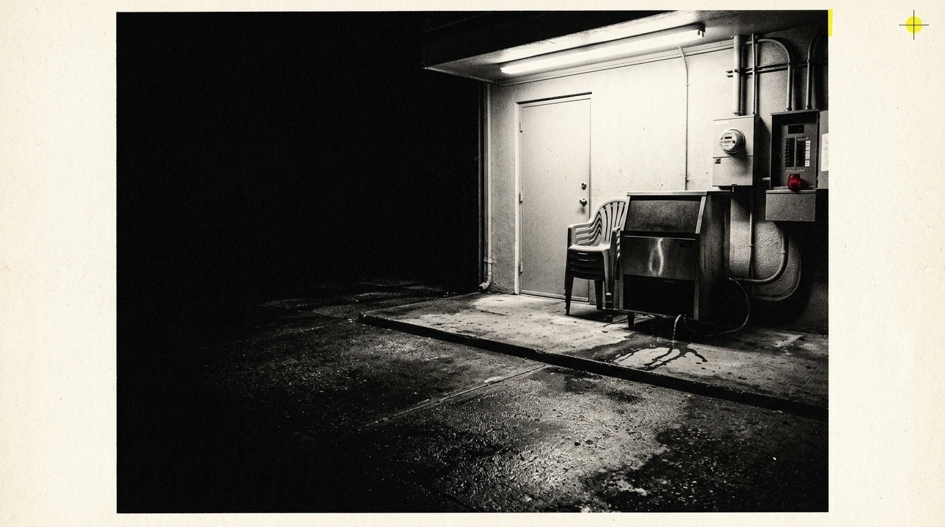 Empty wet service area at night under a hard fluorescent light
