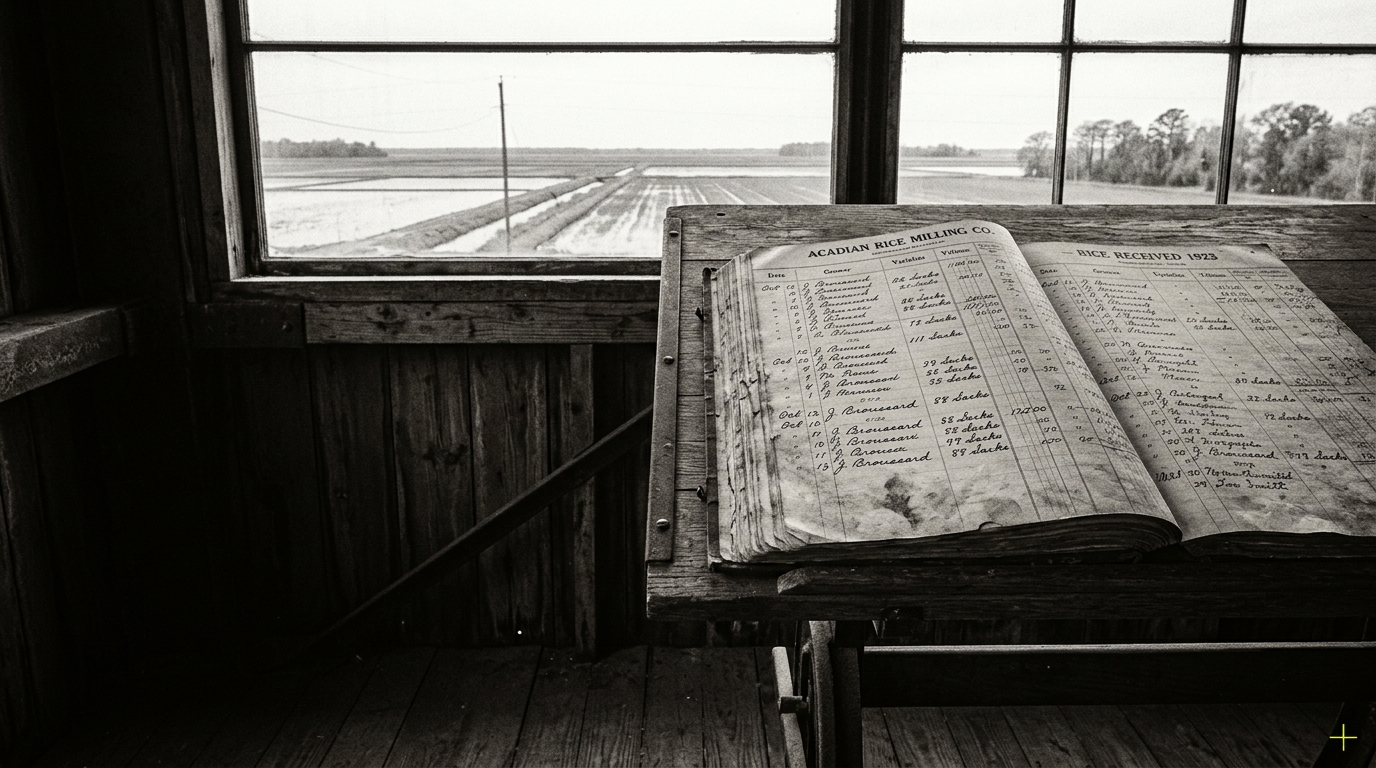 Rice mill ledger beside windows overlooking flooded rice fields