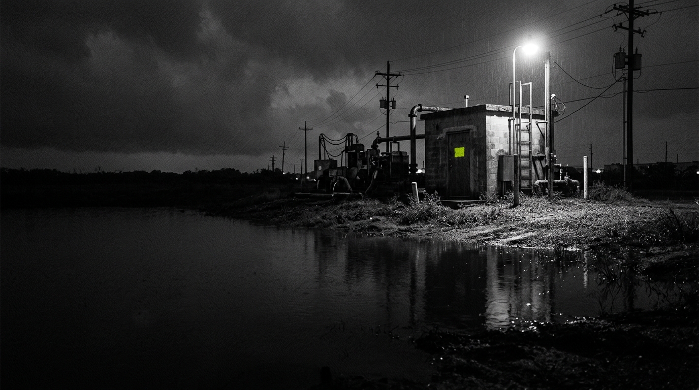 Pump house beside dark drainage water under a security light