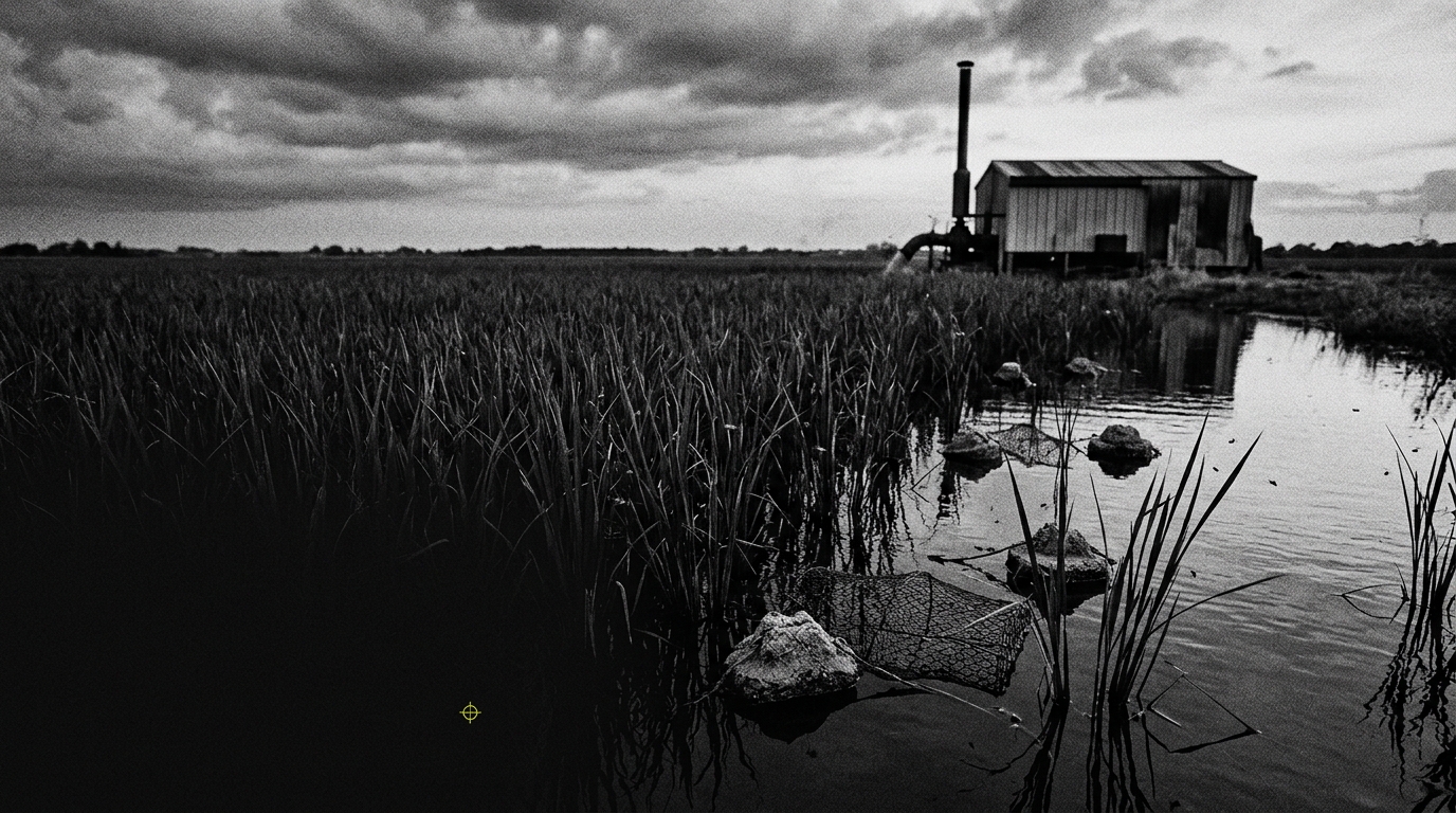 Rice field, drainage water, traps, and a distant pump under dark weather